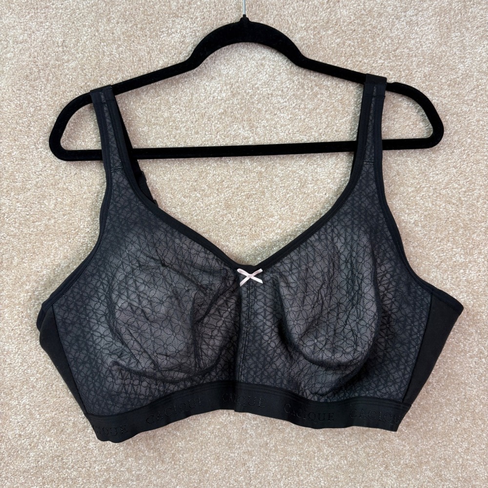 CACIQUE Bra Womens 44DDD Black Unlined Full Coverage No-Wire Lace Wireless Logo